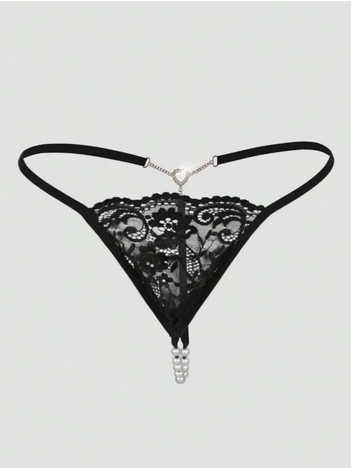 Mensuas Men's Black Lace Sheer Pearls Decor Metal Chain Sexy G-Striping Briefs Underwear